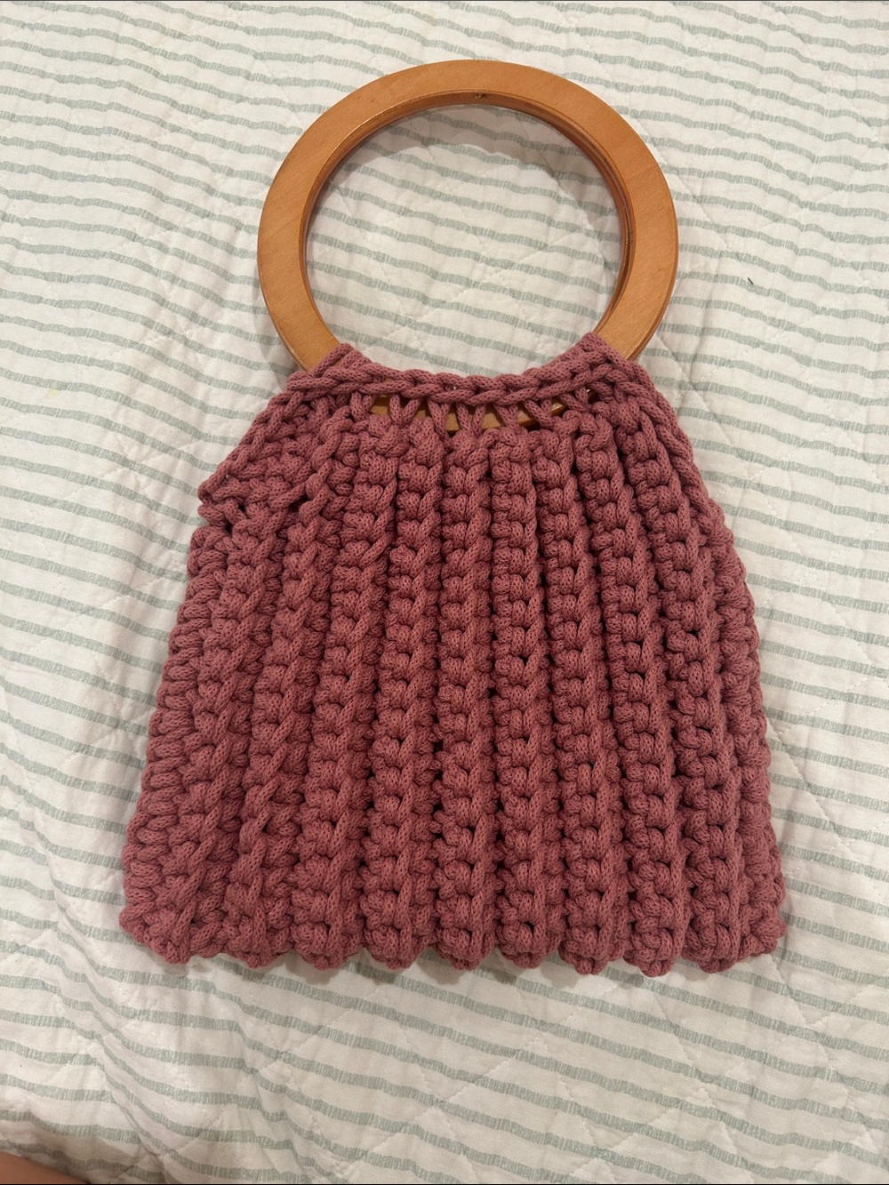 Handmade Dusty Rose Crochet Mini Bag with Wooden Ring Handles